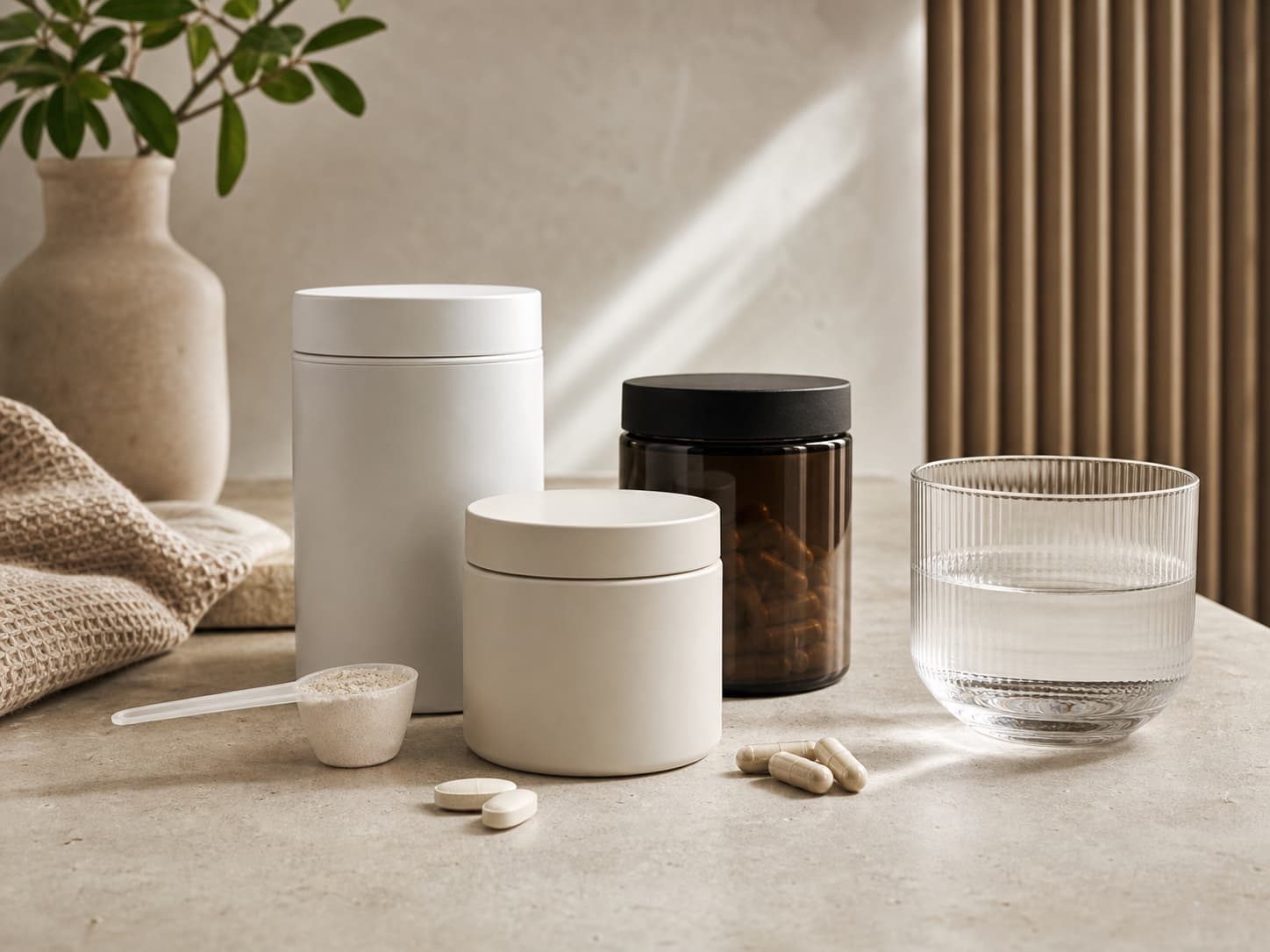 Unbranded supplement containers, capsules, powder, and water on a wellness counter