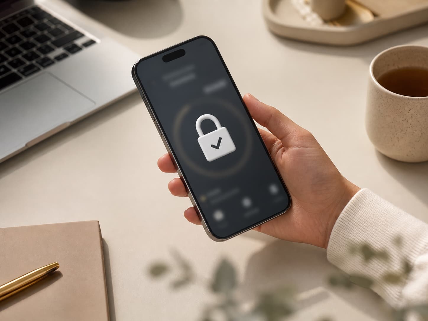 A phone showing a secure lock symbol on a clean desk