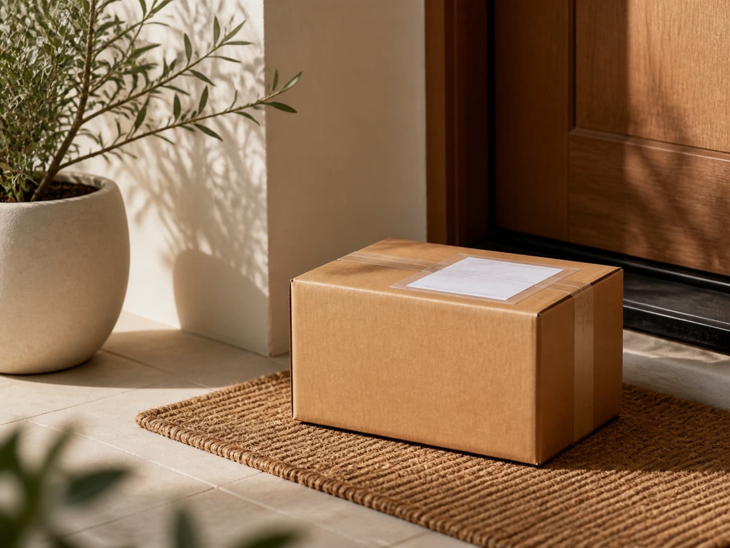 A clean shipping box on a sunlit doorstep