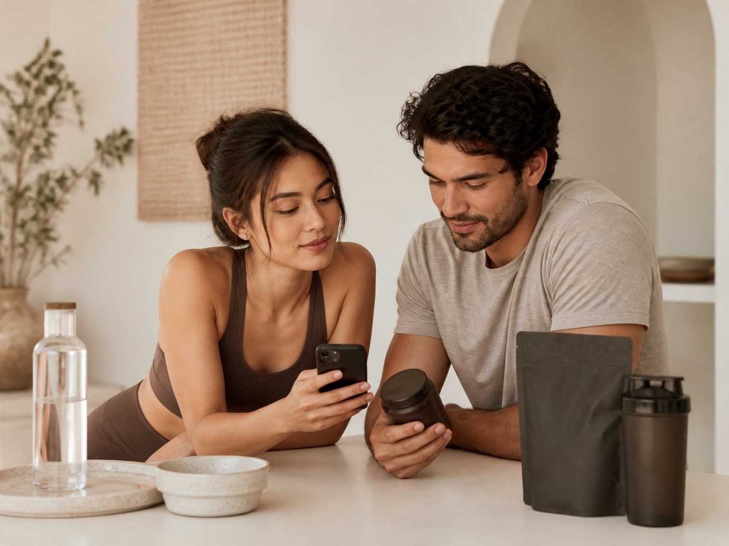 Two people reviewing a wellness routine with supplements and a phone