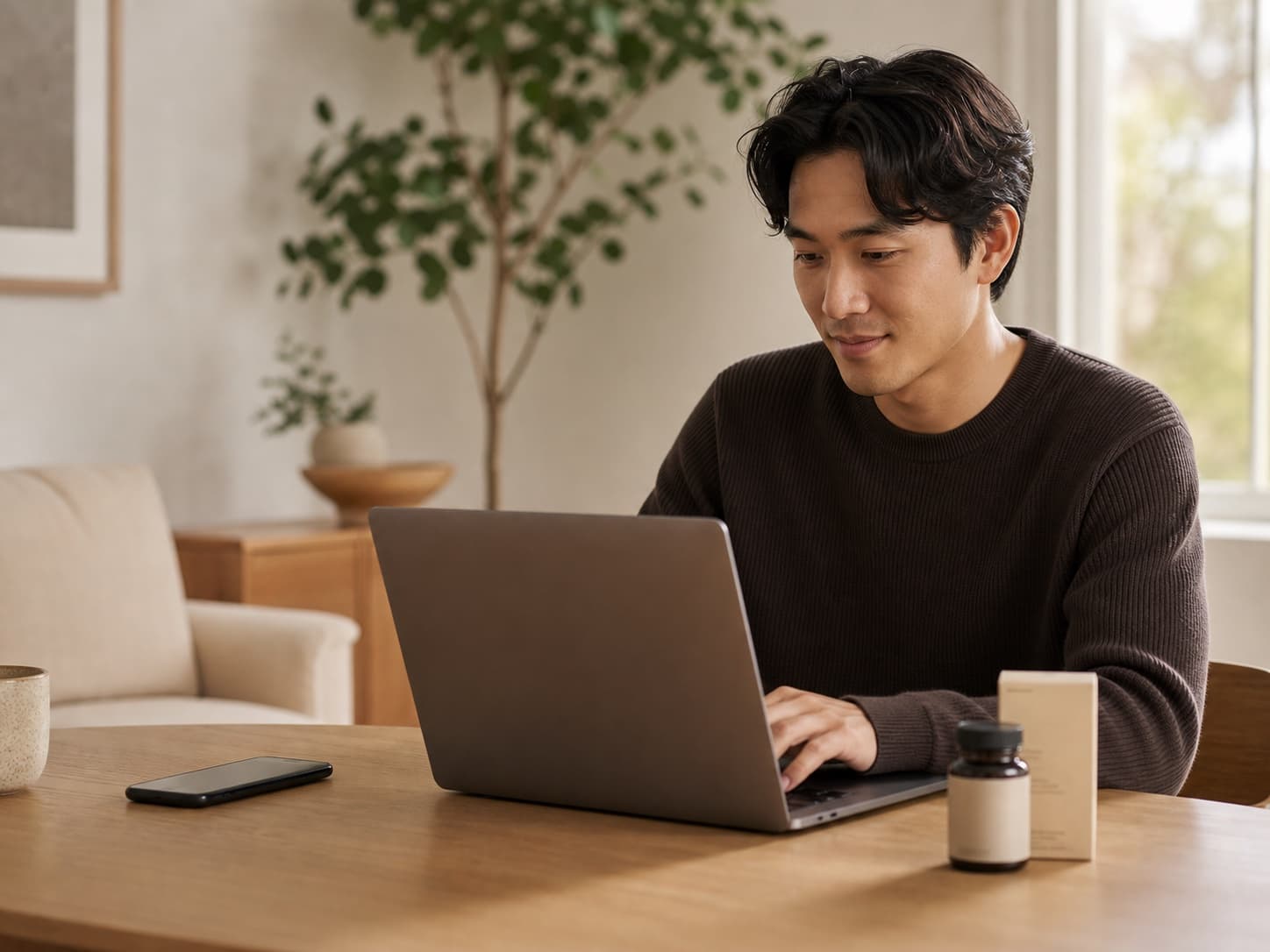 A person using a laptop at a clean home workspace with supplement packaging nearby